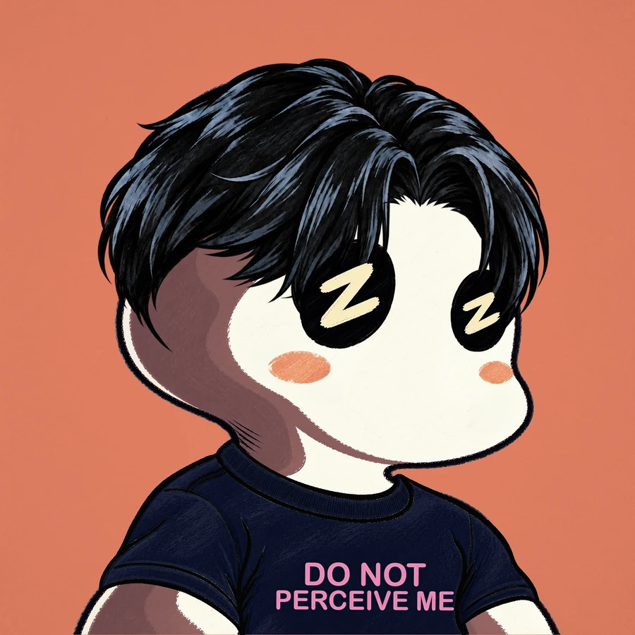 A rust-accented Zhost with Z-glint eyes, black manga hair, and a Do Not Perceive Me tee.