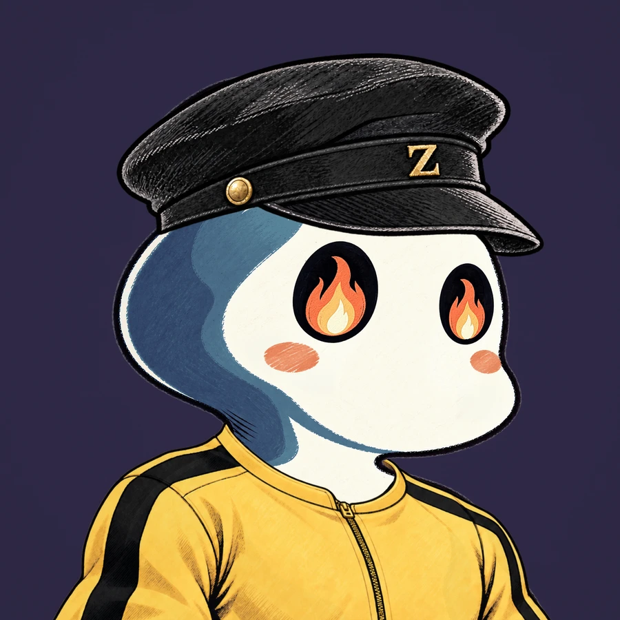 A denim-accented Zhost with flame eyes, a black manga school cap, and a yellow tracksuit.