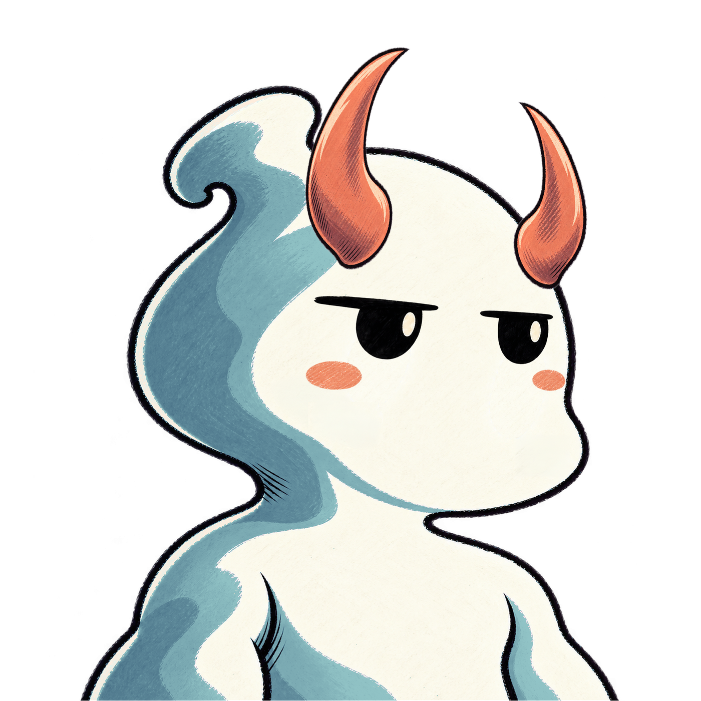 An aqua-accented Zhost with devil horns, a side-eye expression, and its full collection torso.